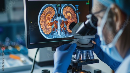 Close-up of a doctor examining a kidney biopsy sample under a microscope.