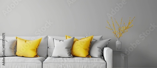 Bright yellow cushions decorating a gray sofa. with copy space image. Place for adding text or design