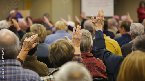 A politician addressing community issues during a town hall meeting with local residents raising hands for questions.