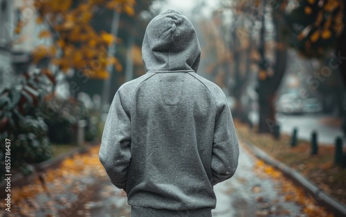 A person wearing a gray hoodie is walking down a street in the rain. The hoodie is pulled up over their head, and they are looking down at the ground. The scene has a somber and melancholic mood