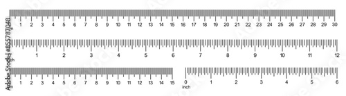 Measuring charts with 30 centimeters, 12 inches. Horizontal scale with 6 inch and 15 centimeter markup and numbers. Rulers Inch and metric rulers template.