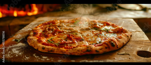 Fresh artisan pizza on wooden board in front of a fire, made with precision and care