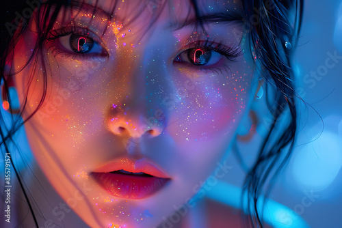 A beautiful woman in a futuristic neon style, perfect as an intro or preview for a music album