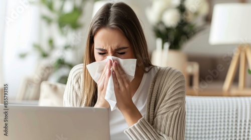 A woman sneezes into a tissue while sitting at home, indicating illness or allergies in a domestic setting.