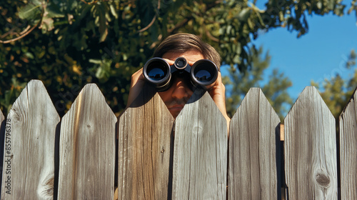 A curious man peeking over a wooden fence with binoculars, displaying an air of nosy neighbor in suburbia.