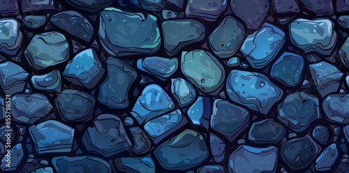 An illustration of a blue cobblestone wall with a seamless background.