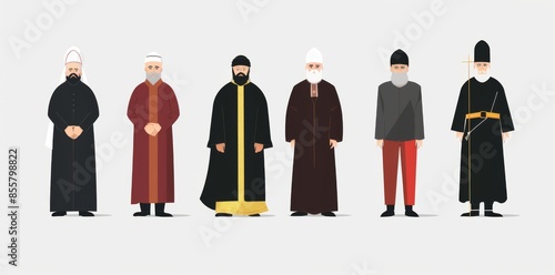 An modern set with Catholic Popes, Buddhist and Hindu monks, Orthodox Christians, Jewish Rabbis, Muslim mullah priests