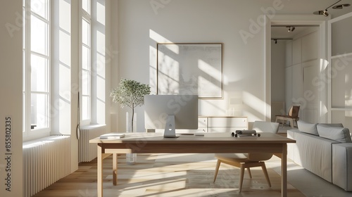 A minimalist home office featuring a wooden desk, computer, and abundant natural light through large windows, creating a serene workspace.