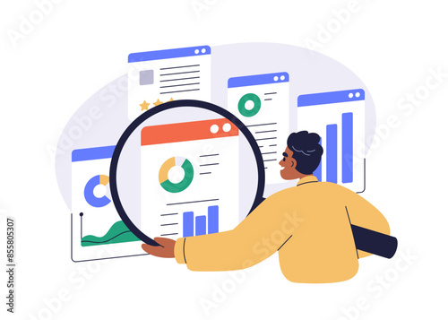 Data analyst. Business analysis, graph and charts analytics, statistics concept. Digital performance monitoring and analyzing with magnifier. Flat vector illustration isolated on white background
