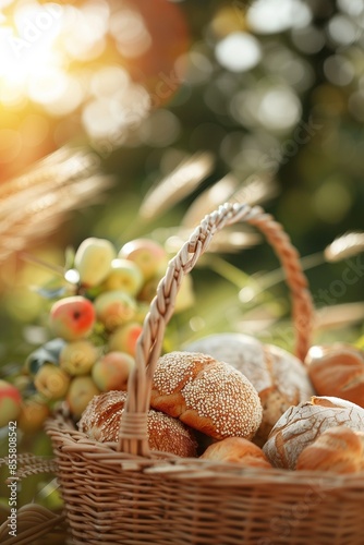 Background with wheat, bread and empty space for text. Harvest festival, lugnasad, lammas, grain harvest festival, bread day. Farmer's bread. growing grain crops