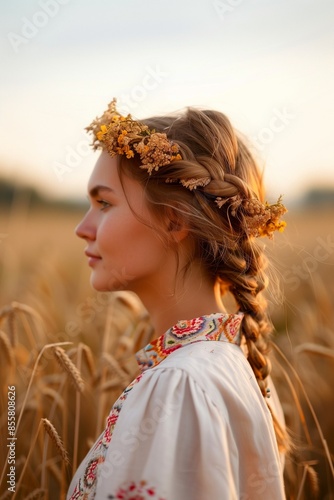 A young woman in a wheat field with a wreath on her head. Harvest festival, lugnasad, lammas, grain harvest festival, bread day. Farmer's bread. growing grain crops