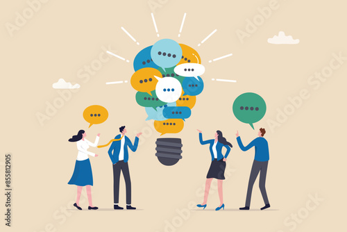 Effective communication, meeting discussion or conversation solution, speak or telling intelligence information, team opinion new idea concept, business people discuss with lightbulb speech bubble.