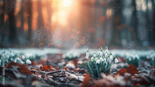 Delicate white snowdrops in the spring woods at dawn Charming spring scene with room for text Editing image with gentle blur