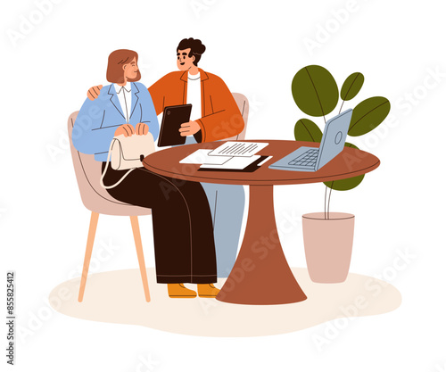 Partners meeting for business discussion with documents and laptop on desk. Couple at round table, speaking, discussing work, partnership. Flat vector illustration isolated on white background
