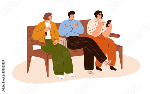 People sitting on bench, waiting in queue. Diverse characters group expecting. Man sleeping, women with mobile phone and coupon, ticket. Flat vector illustration isolated on white background