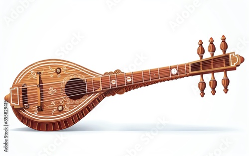 A sitar clipart, musical instrument element, exotic and detailed, isolated on white background