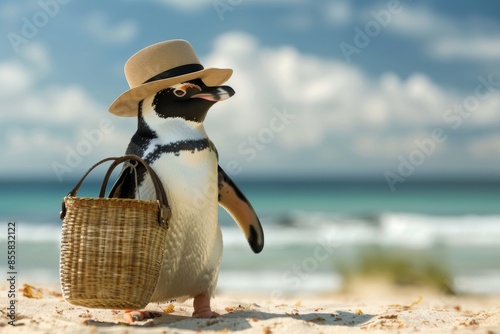 A stylish penguin soaks up the sun at the beach, surrounded by all the essentials. A perfect day out for this charming bird!