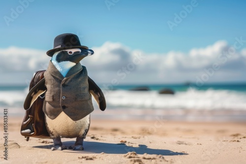 A happy penguin donning a bowler hat and waistcoat, relaxing on a beach with a beach bag