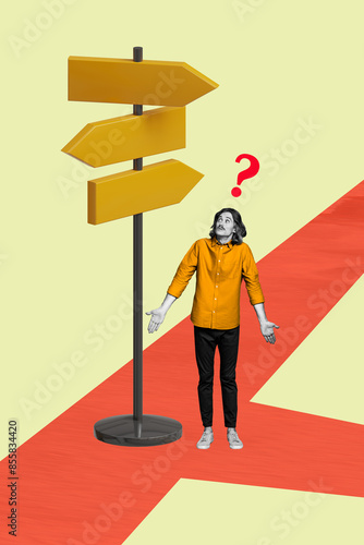 Trend artwork composite sketch image collage of confused man face grimace stand road different direction signpost arrow question where