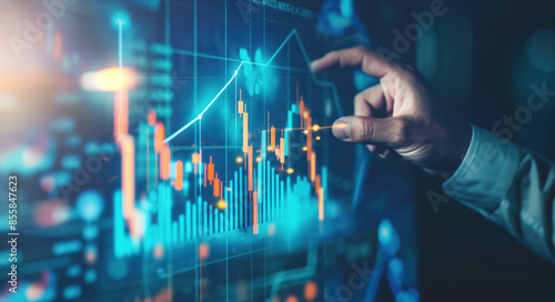 Uomo d'affari che tocca con la mano un grafico a linee ascendenti su uno schermo virtuale, concetto di crescita del business