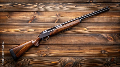 Overhead view of a Beretta 686 shotgun on a wooden table, firearm, hunting, shooting, sport, gun