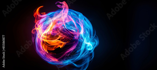 A colorful, glowing orb of fire and smoke. The fire is orange and blue, and the smoke is blue