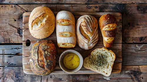 A rustic breadboard with assorted freshly baked bread loaves, rolls, and a small dish of olive oil