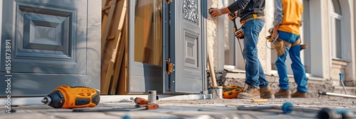 Two construction workers install a new door at a residential home. They are carefully using tools and techniques to ensure a high-quality installation. Generative AI