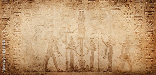 Gods of ancient egypt and old Egyptian hieroglyphs on ancient background. Wide historical background. Ancient Egyptian hieroglyphs as a symbol of the history of the Earth.