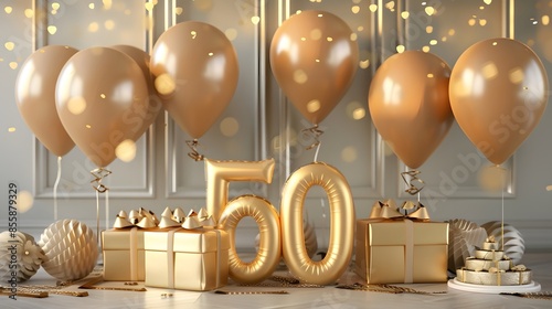 Number 50 gold birthday celebration balloon on a confetti glitter background