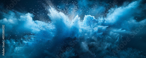 Blue color powder explosion splash with freeze