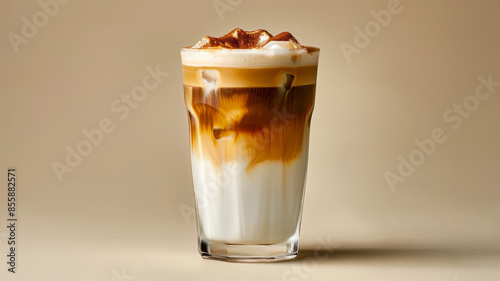 A glass of iced latte with creamy layers on a beige background.