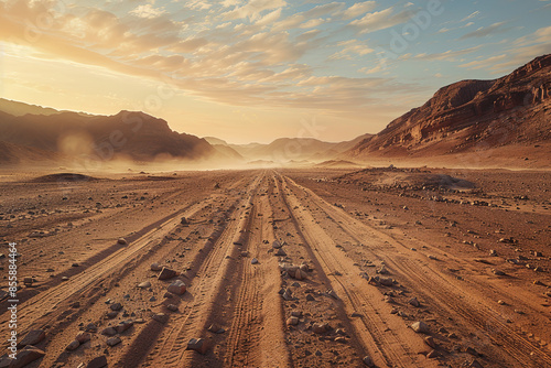 Safari and travel to Africa, extreme adventures or science expedition in a stone desert. Sahara desert at sunrise, mountain landscape with dust on skyline, hills and traces of the off-road car 