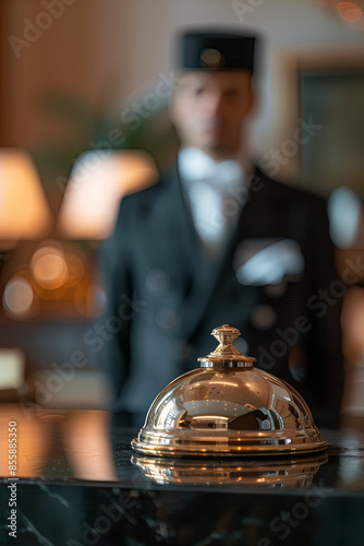 Hotel Concierge: bell on the reception front desk with waiter 