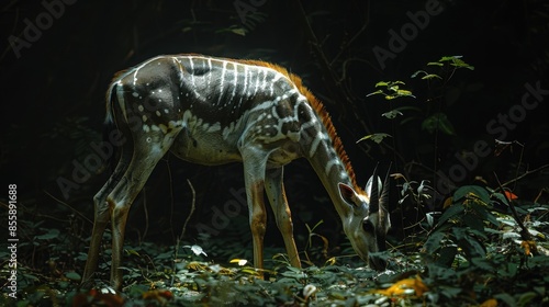 In a serene enclave within a shadowy forest, an Okapi grazes peacefully on lush vegetation, its slender legs and distinctive markings blending harmoniously with the subdued hues of its tranquil