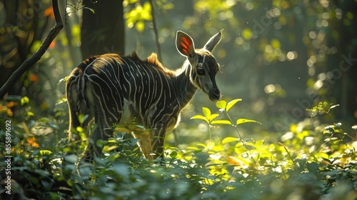 In a serene enclave within a shadowy forest, an Okapi grazes peacefully on lush vegetation, its slender legs and distinctive markings blending harmoniously with the subdued hues of its tranquil