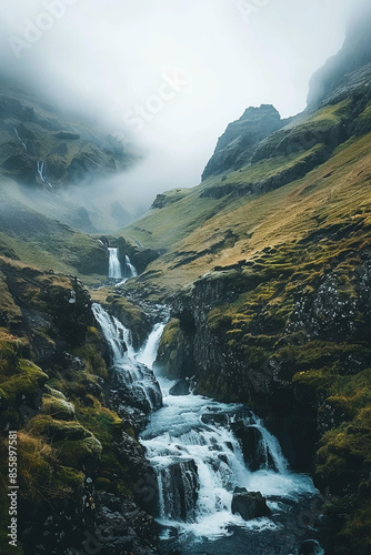 Atmospheric icelandic mountain landscape with waterfalls 