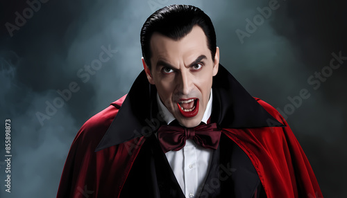 Vampire in red cape, black shirt, bow tie