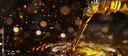 Pouring cooking oil, closeup. Freeze motion of splashing liquid. Copy space image. Place for adding text and design