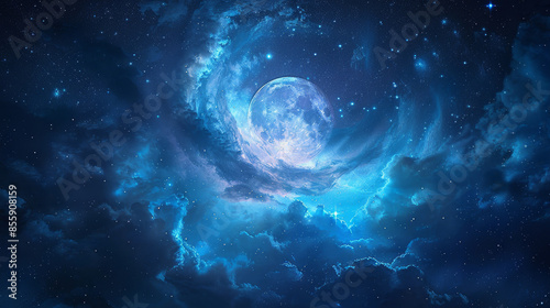 Ethereal celestial scene with a radiant full moon amid the starry night sky