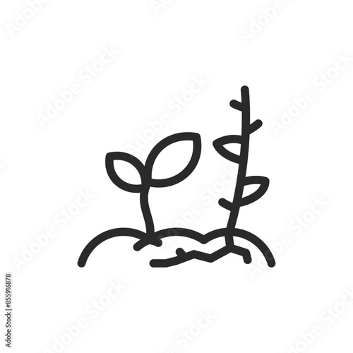 Plant and weed, linear style icon. Roots interfering with plant growth. competition between plants. Editable stroke width