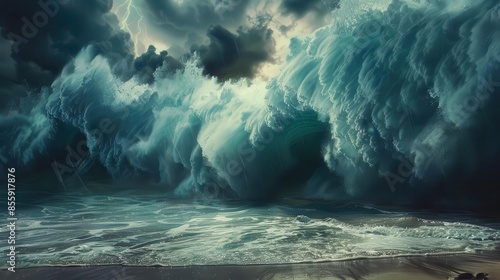 dramatic biblical scene of great flood huge waves crashing onto shore apocalyptic deluge illustration