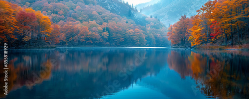 Autumn reflection in a mountain lake, fall foliage, mirrored colors, serene beauty.