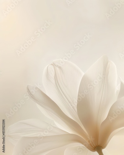 A delicate white magnolia flower, with its petals gently opening and filling the entire frame. The background is a soft beige gradient that adds depth to the composition