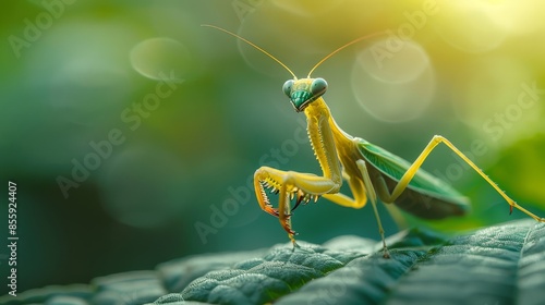 A large green bug with a yellow head is standing on a leaf