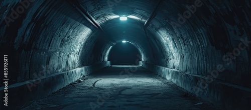 Dark creepy large tunnel with arched ceiling, at old abandoned underground bunker. Concept of the light in the end of a tunnel. Copy space image. Place for adding text or design