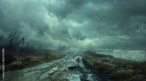 stormy rural road with dark clouds and rain creating a dramatic moody landscape