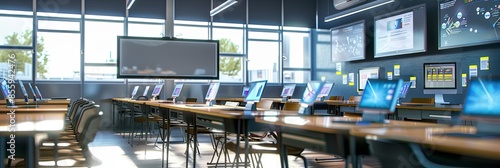 A contemporary classroom features interactive panels and modern technology, creating a dynamic and engaging learning environment for students. Generative AI