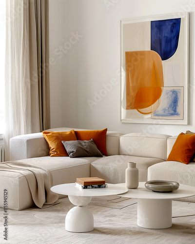 Beige corner sofa with orange pillows and white round coffee tables. Minimalist interior design of modern living room.