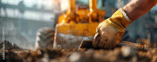 Construction worker's hand in gloves operating equipment on a work site. Heavy machinery in the background.